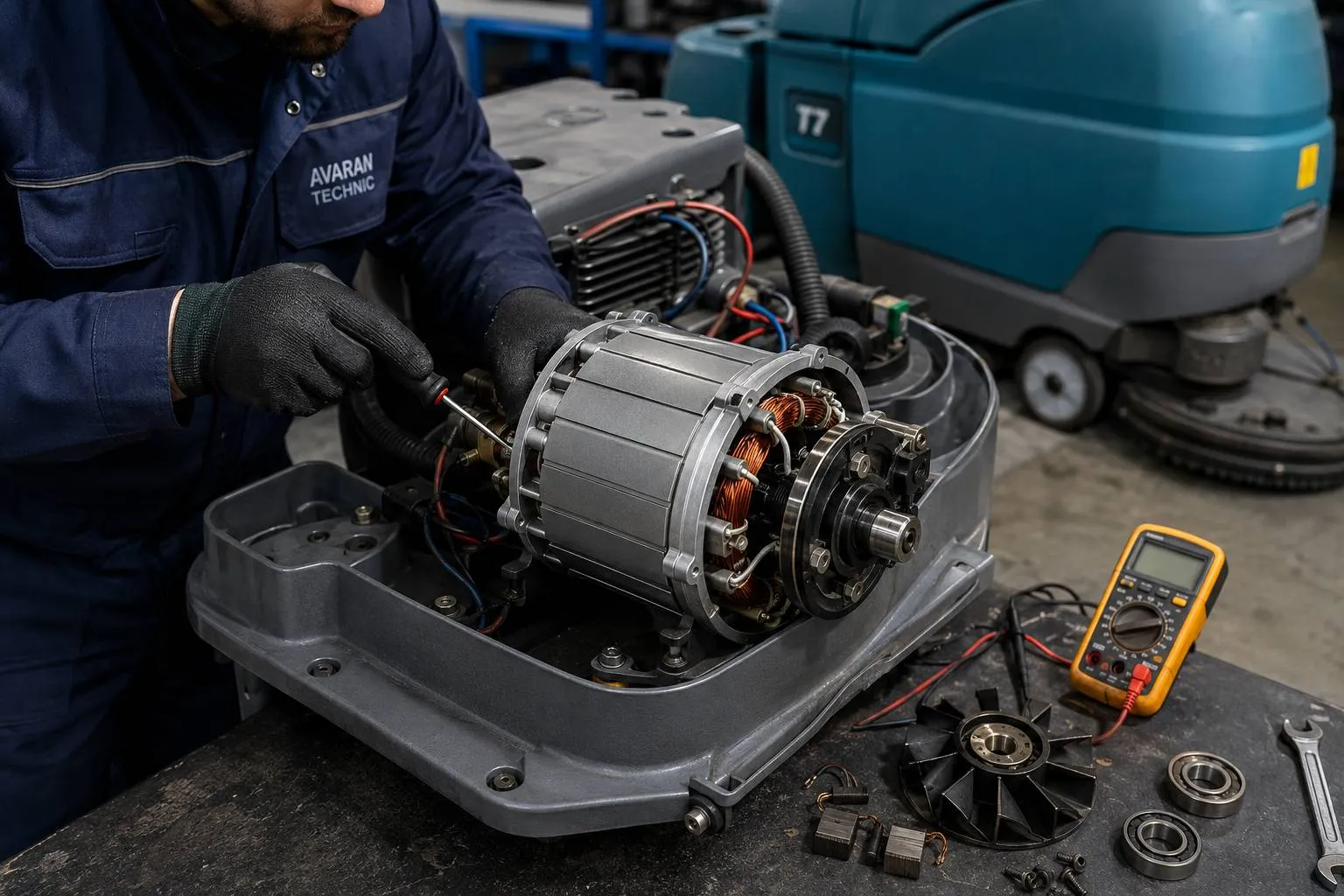 تکنسین در حال تعمیر موتور اسکرابر صنعتی و عیب‌یابی موتور برس دستگاه زمین‌شوی