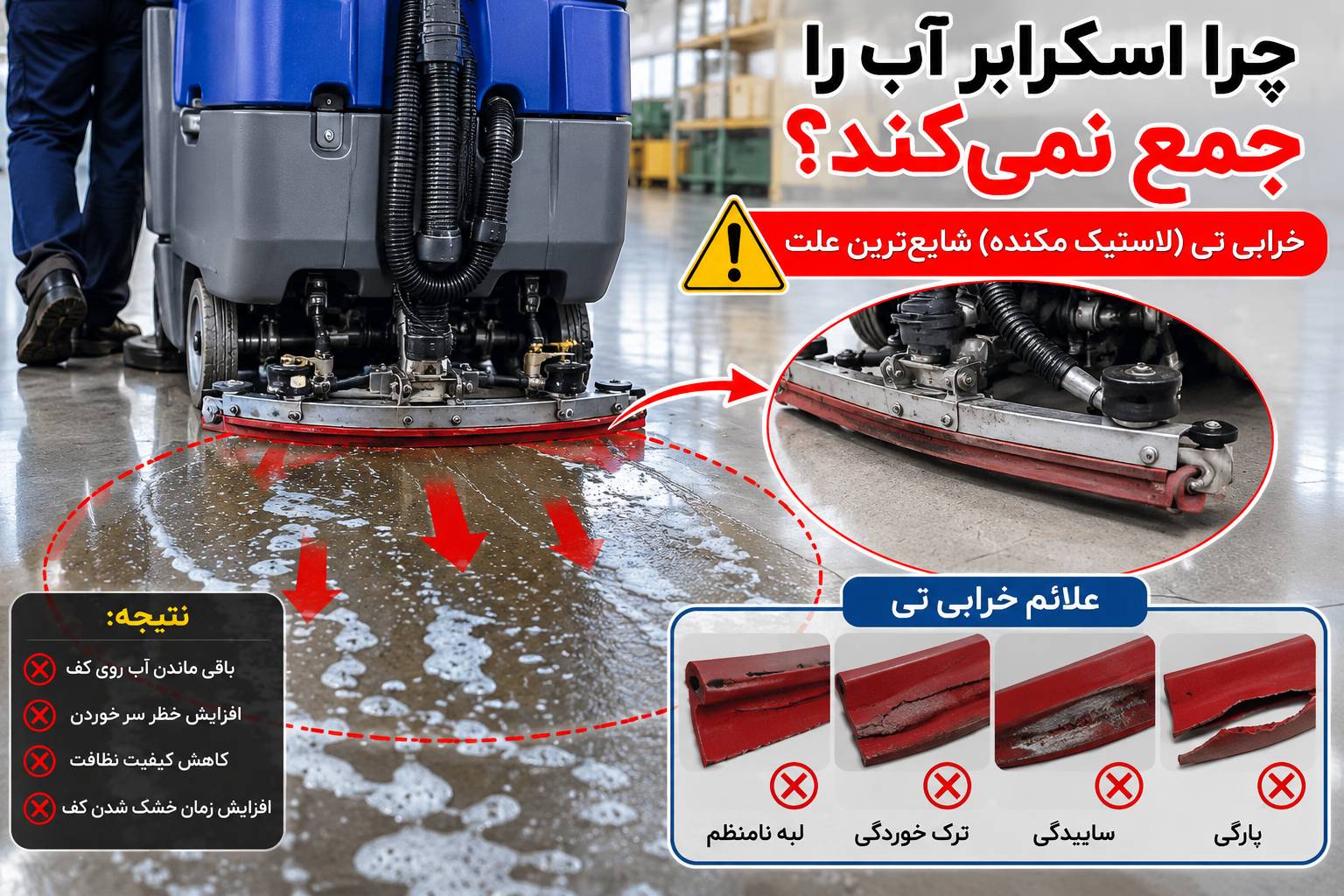 خرابی لاستیک تی یکی از رایج‌ترین دلایل جمع نکردن آب توسط اسکرابر صنعتی است.